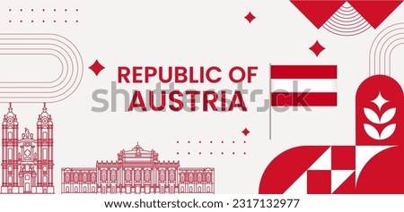 austria banner for national day with abstract modern design. austria flag and map with typograph flag color theme.austria landmark, and embroidery background.