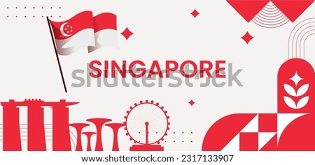 singapore banner for national day with abstract modern design. singapore flag and map with typograph flag color theme.singapore landmark, and embroidery background.
