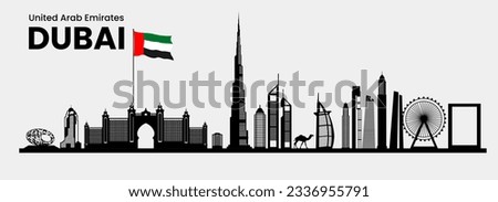 City Dubai skyline. UAE Urban cityscape. United Arab Emirates skyscraper buildings silhouette
 with flag