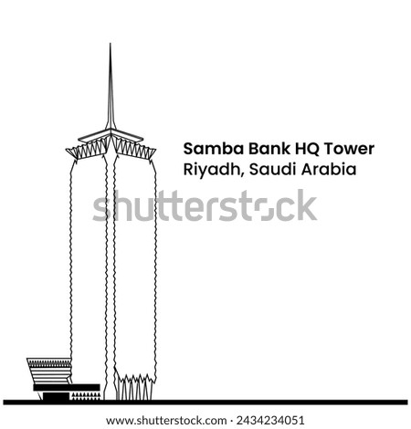 Samba Bank HQ Tower. Skycraper Tower in Riyadh Saudi Arabia Skyline City. Line art style
