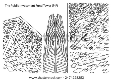 Horizontal view on the skyscrapers in downtown Riyadh. The Public Investment Fund Tower (PIF) at King Abdullah Financial District Complex. KAFD World Trade Center. Saudi Arabia