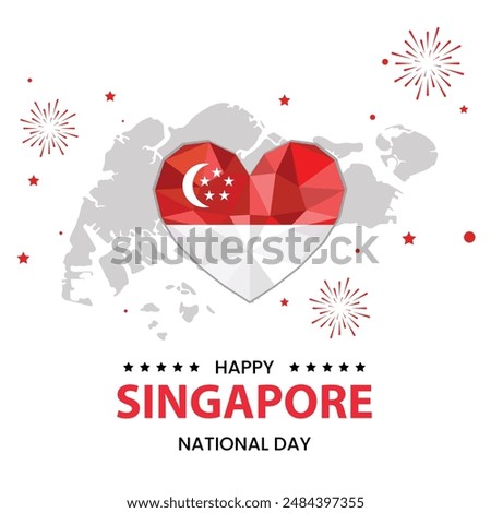 Happy Singapore National Day Heart Shape Map with Fireworks