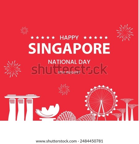 Singapore National Day Red Banner with Iconic Skyline and Fireworks