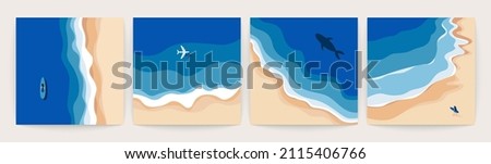 Ocean landscape top view. Sea waves from above, cartoon seaside, beach aerial scene, isolated square cards. Vector set