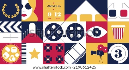 Cinema pattern. Abstract movie entertainment poster with camera popcorn ticket stereo glasses, minimalistic colorful geometric figures. Vector film banner
