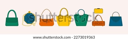 Woman bags. Fashion handbag tote cross body clutch purse, cartoon leather stylish female accessories. Vector flat set