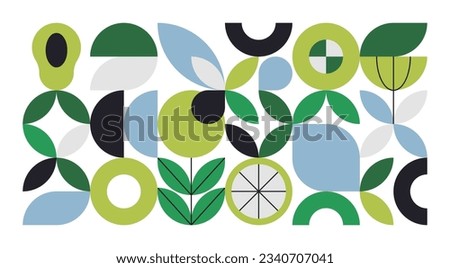Geometric food pattern. Abstract mosaic nature elements, organic fruit plants minimal layout banners. Vector bauhaus background