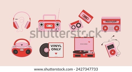 Retro hipster musical equipment. Vintage analog music instruments, nostalgic cassette player old radio mp3 headphones vinyl recorder. Vector isolated flat set