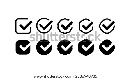 Checkmarks. Yes check mark icons, black simple checkbox signs, voting approval and agreement signs, simple glyph symbols. Vector isolated set