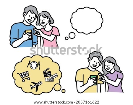 Two people look at their smartphones.Reservations, SNS, photos, dates, couples, couples, travel, shopping, consultations.