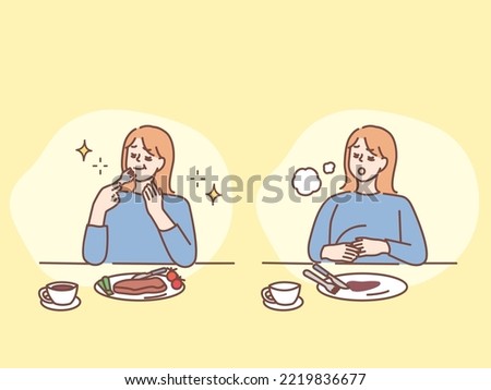 Illustration of the meal.Hunger, fullness, after eating, diet, binge eating.