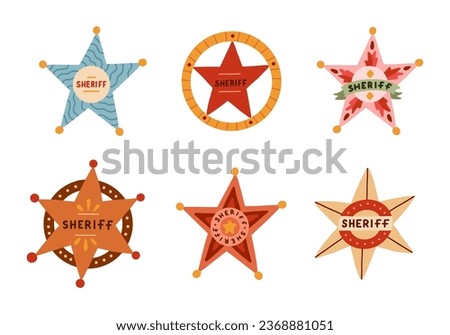 Hand drawn sheriff badge set in cartoon cute style. Golden symbol of western police, sign of law, security and justice. Wild West and cowboy symbol with shields. Collection of star emblems.