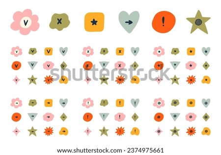 Cute hand drawn check and cross mark set with checkboxes in the shape of flower, star, heart, circle, cloud. V, X, yes, no, ok, arrow, exclamation point, star sign for weekly planner, bullet journal.