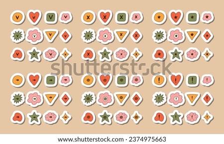 Cute hand drawn sticker set of check and cross mark set with checkboxes in the shape of flower, star, heart, circle, cloud. V, X, yes, no, ok, arrow, exclamation point, star sign for bullet journal.
