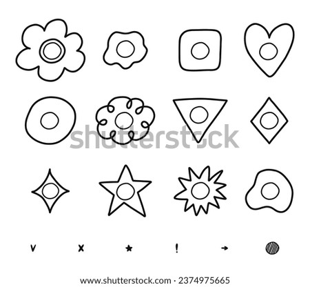 Cute hand drawn set with empty checkboxes with check and cross marks. Checkboxes in shape of flower, star, heart, circle, cloud. V, X, yes, no, ok, arrow, exclamation point, star sign bullet journal.