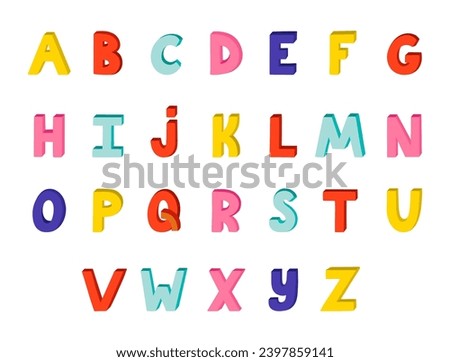 Cute funky 3d alphabet set. Bold font with shadow volume for book cover, printed quotes, logotype. Funny latin ABC with uppercase letters for cover, logotype, festival headline, greeting card, poster