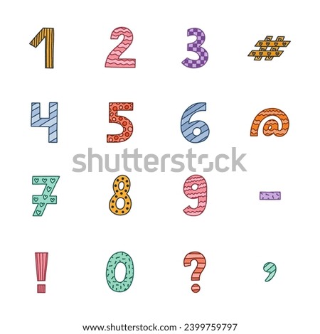 Cute funky number set with memphis decoration and contrast outline. Chunky bold symbols of question, comma, dash. Funny numbers and punctuation marks for cover, poster, banner, greeting card.