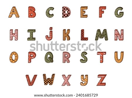 Cute funky 3d alphabet set with contrast outline and memphis decoration. Patterned bold font with shadow. Funny latin ABC with uppercase letters for book cover, logo, festival headline, greeting card.