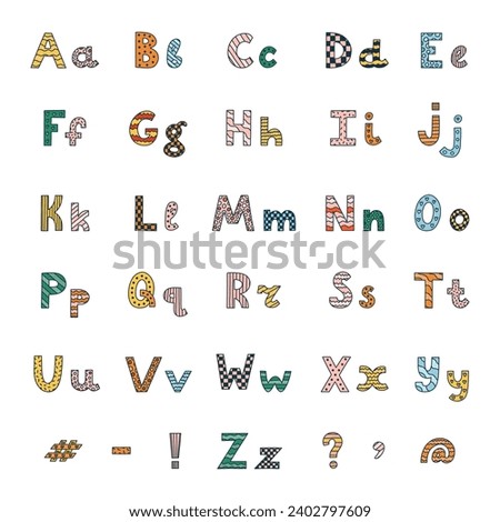 Cute funky alphabet set with contrast outline and memphis. Patterned bold font with comma, question, exclamation, hashtag. Funny latin ABC with uppercase and lowercase letters, punctuation mark