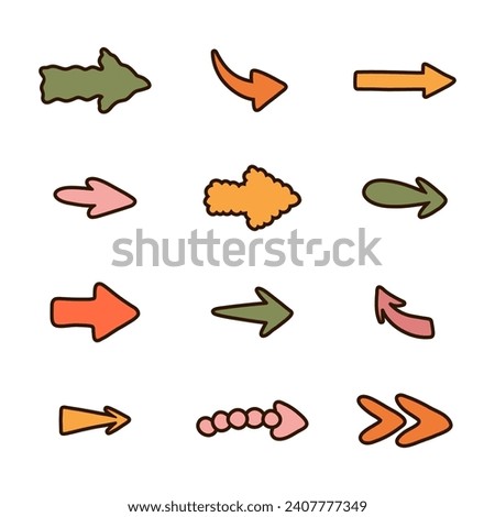 Cute hand drawn arrows set in doodle flat style. Collection of bold and funky arrows with outline in different shapes. Business arrow mark icons for web, banner, design isolated on white background