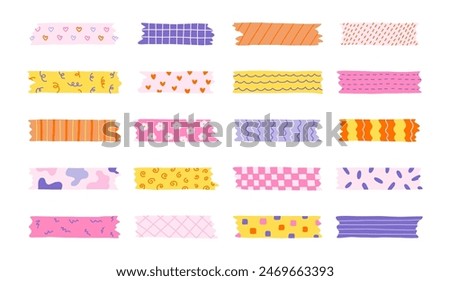 Big cartoon set of washi tape stripes with squiggle, geometry and cute pattern. Vector adhesive tapes with colorful hand drawn memphis ornament. Trendy decorative scotch tape with ragged edges.