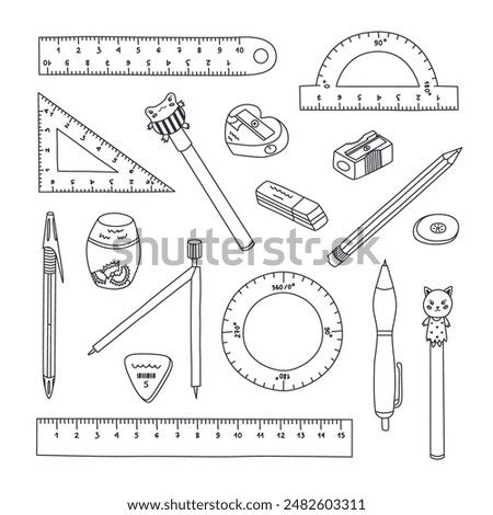 Cute doodle set of back to school stationery. Collection of rulers, protractor, compass, erasers, sharpeners, different pen. School supply for studying, drawing and working with hand drawn outline