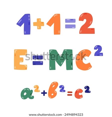 Cute cartoon set with lettering of physical and mathematical formulas. Concept of back to school. E equals MC squared, 1 plus 1 equals 2, A plus B equals C. Hand drawn clipart isolated on white.