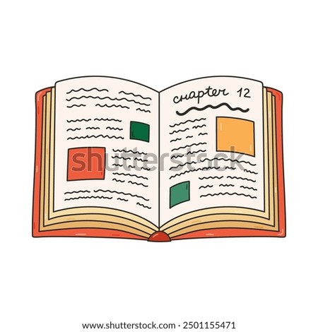 Colourful outline open book with chapter and pictures. Cute concept of reading lovers, kids learning, study. Academic book, literature, encyclopedia. Back to school supply. Hand drawn isolated doodle