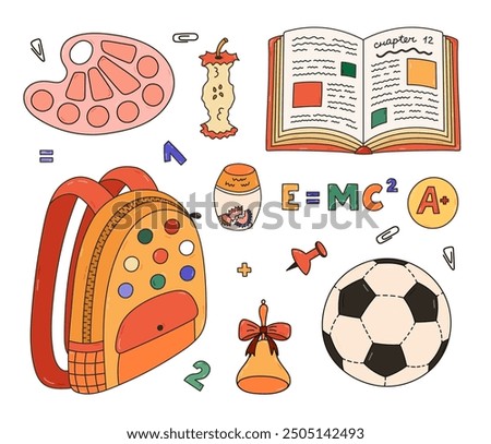 Cute colourful doodle set with kids school supplies. Hand drawn collection of schoolbag, open text book, globe, paint palette, apple core, soccer ball. Back to school outline clipart for study, work.