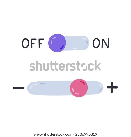 Cute cartoon toggles switch buttons for turn on and off, plus and minus. Mode switch buttons to activate device and make it bigger or smaller. Switch button interface isolated on white background.