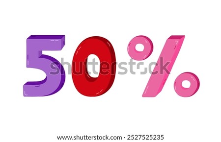 Cute hand drawn three-dimensional lettering of 50 percent sale. 3d letters for big discount for business, offline store, internet sale isolated on background. Minus fifty percent price off clipart.