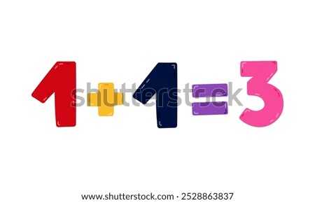 Cute cartoon lettering of super sale promotion 1 plus 1 equals 3. Hand drawn bold and funky text for big discounts and price off at Black Friday Sale. Childish clipart isolated on white background.