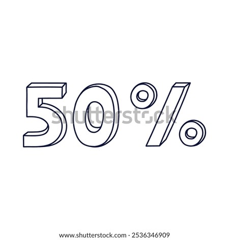 Cute hand drawn three-dimensional lettering of 50 percent sale. 3d outline letters for big discount for business, offline store, internet sale isolated on background. Minus fifty percent price off.