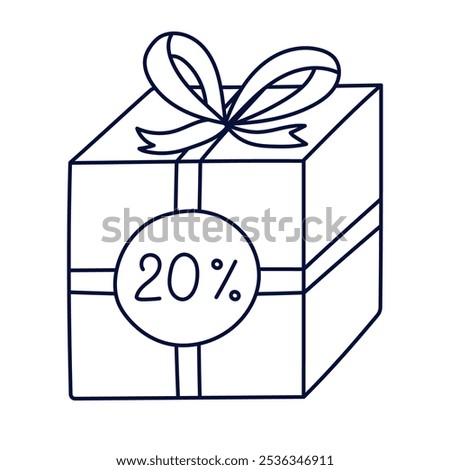 Cute doodle closed gift box with 20 percent discount label, bow and ribbon. Present clipart for Black Friday sale, holiday price off, promo offers. Hand drawn gift with outline isolated on white