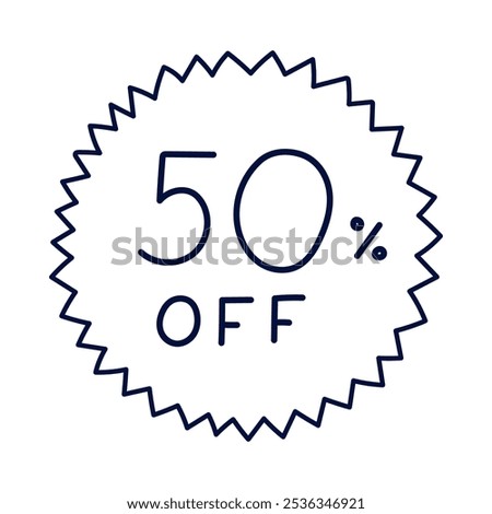 Cute outline star sticker with discounts 50 percent off for Black Friday Sale. Hand drawn acute bubble with lettering for promotion of super price off at shop, store, markets. Simple trendy banner.