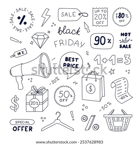 Cool Black Friday sale set with hand drawn doodle with outline. Megaphone, price off labels, gift with tags, shopping basket for mega discounts. Trendy cute clipart for business, store, internet.