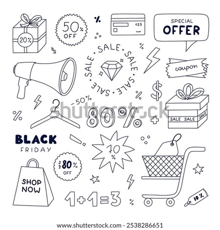 Black and white Black Friday sale set with doodle with outline. Price off labels, bank card, megaphone, brilliant, package and box. Trendy hand drawn clipart for business isolated on background.