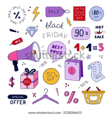 Cool Black Friday sale set with hand drawn doodle with outline. Megaphone, price off labels, gift with tags, shopping basket for mega discounts. Trendy colorful clipart for business, store, internet.