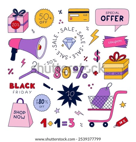 Colorful Black Friday sale set with doodle with outline. Price off labels, bank card, megaphone, brilliant, package and box. Trendy hand drawn clipart for business isolated on white background.