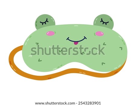 Cute cartoon sleeping mask in the shape of frog head. Funny childish animal eye mask with dreaming toad. Hand drawn vector bedtime accessory for comfort night. Colorful clipart isolated on background.