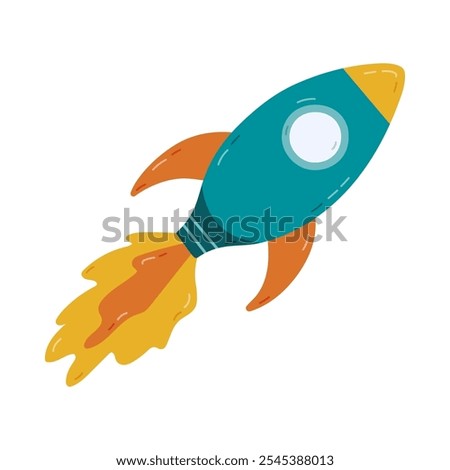 Cute cartoon flying space rocket with fire, windows and wings. Hand drawn cosmic shuttle in the sky. Symbol of business idea, launching new project. Colorful spaceship clipart isolated on background.