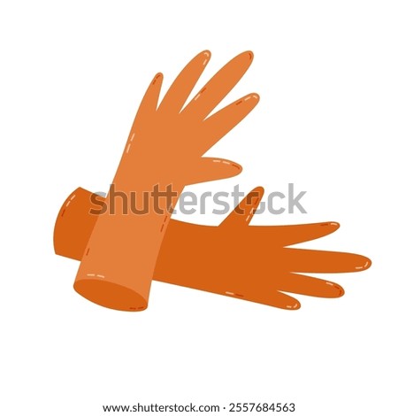 Cute cartoon protective rubber gloves for safe cleansing of apartment and using detergent agents. Hand drawn orange latex gloves to protect hands during household isolated on white background