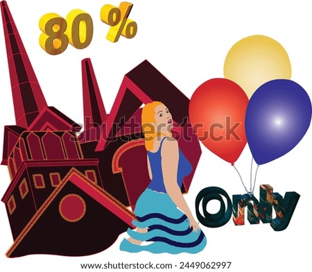 80% discount in black and orange colors with bright balloons and an elegant model