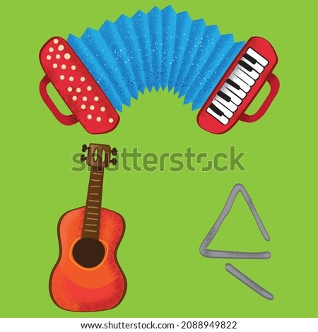 June's party traditional music instruments - guitar, accordion and triangle Stock fotó © 