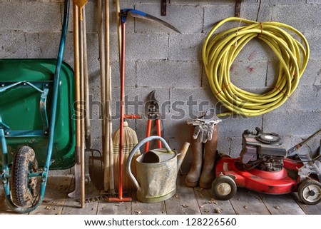 a garden shed with all the tools of the gardener