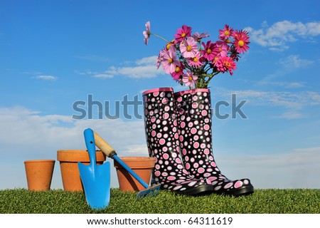 Gardening concept with flowers and wellington boots