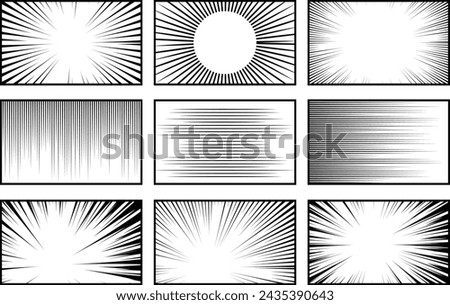 Comic book, manga or anime speed lines, zoom and motion effects, Comic book speed horizontal line cover speed texture action ray explosion hero drawing cartoon vector set