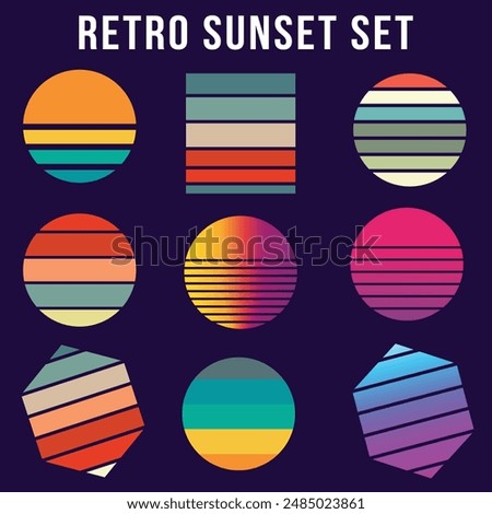 Retro sunset with vibrant striped circles: shades of orange, pink, purple, and yellow blend seamlessly, evoking a nostalgic '80s vibe. The circles create a captivating, colorful gradient in the sky.