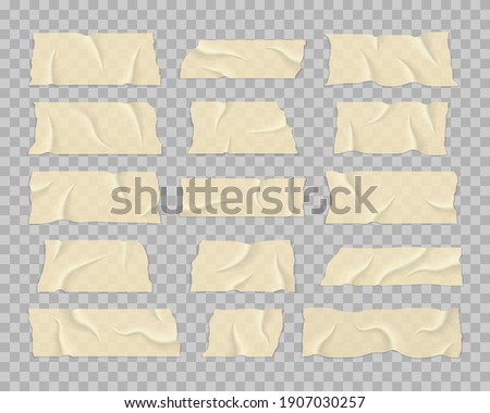 Set of transparent adhesive tape. Beige adhesive or masking tape pieces with torn edges realistic style. Realistic wrinkled strips. Sticky tapes with shadow.