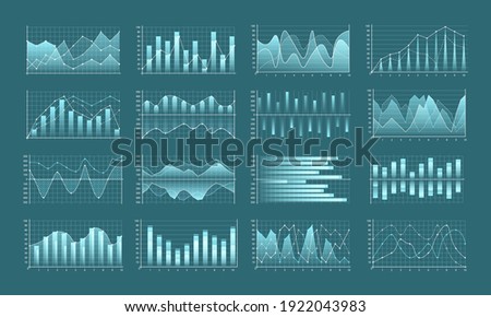 Set of graphs and charts. Infographic icons including clustered column, stacked, bar, line, marked, area. Business data market.